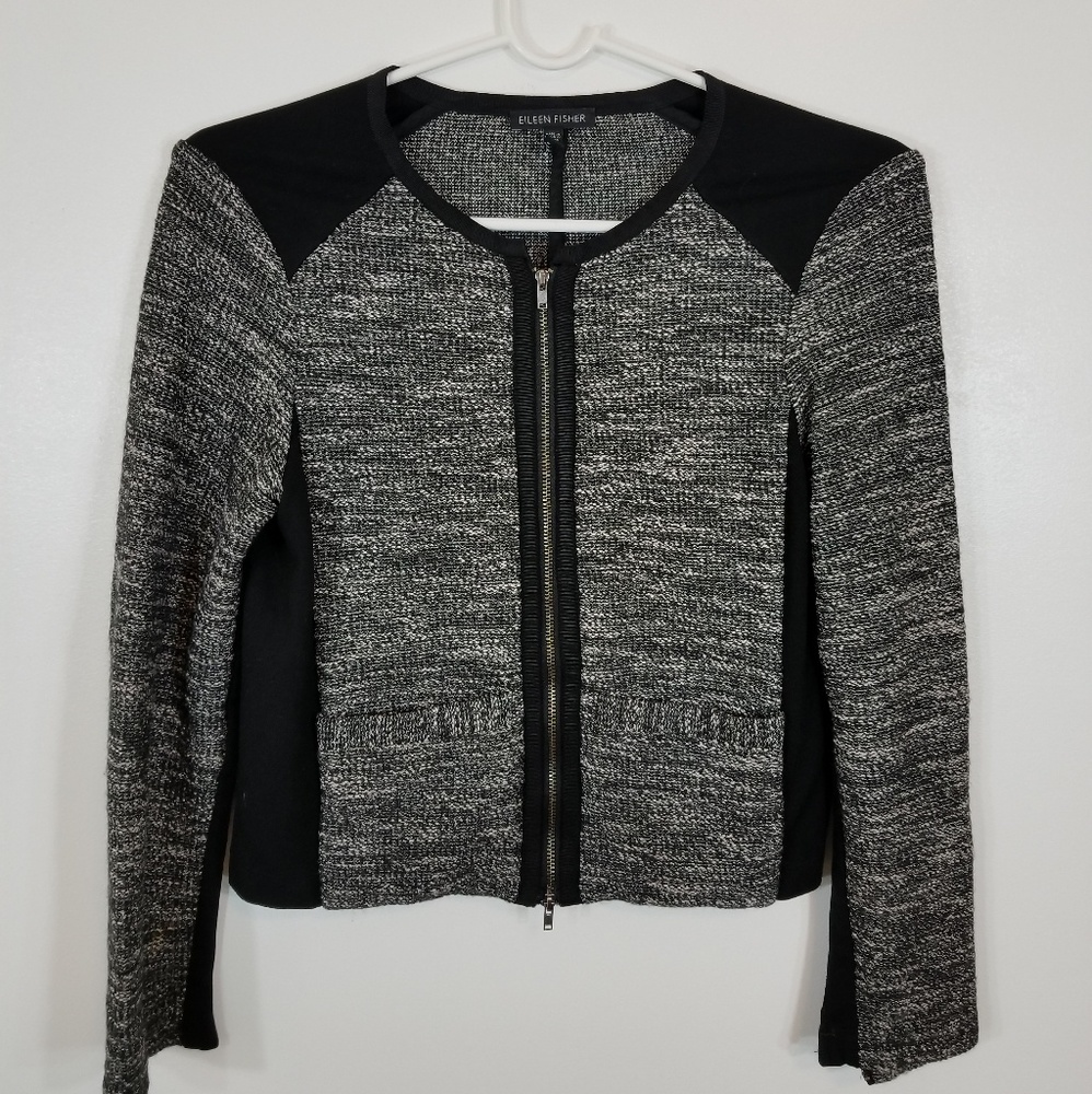 Eileen Fisher Gray/Black Cropped Zip up Cardigan